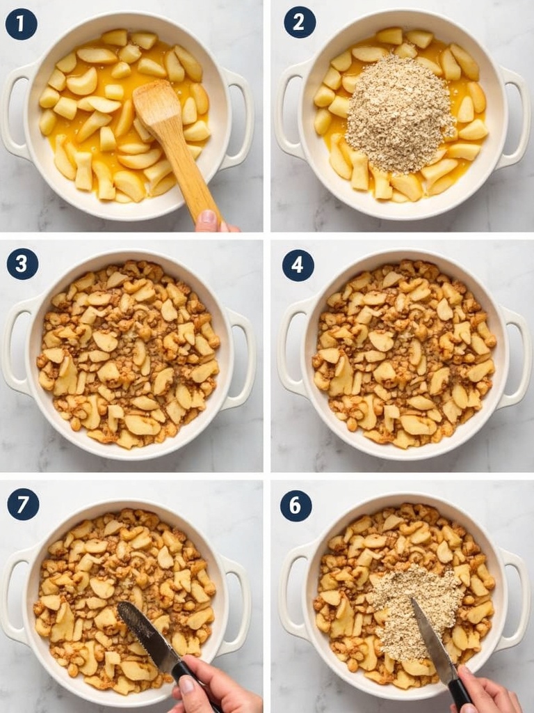 A step-by-step instructional image for making apple crisp with oats, featuring ingredients like sliced apples, rolled oats, flour, brown sugar, cinnamon, butter, and a baking dish; includes visuals of each preparation stage from mixing the oat topping to layering over apples and baking in the oven.