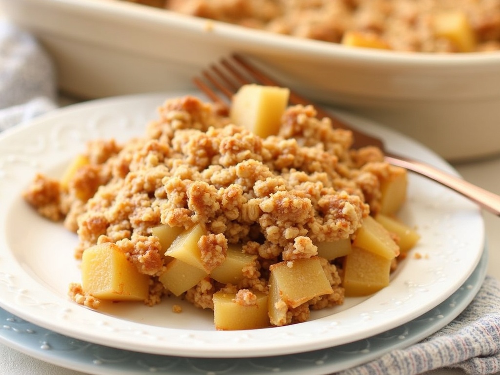 A freshly baked apple crisp with oats served in a white dish, featuring golden-brown, crumbly oat topping over warm, tender apples, with a scoop of vanilla ice cream melting on top.