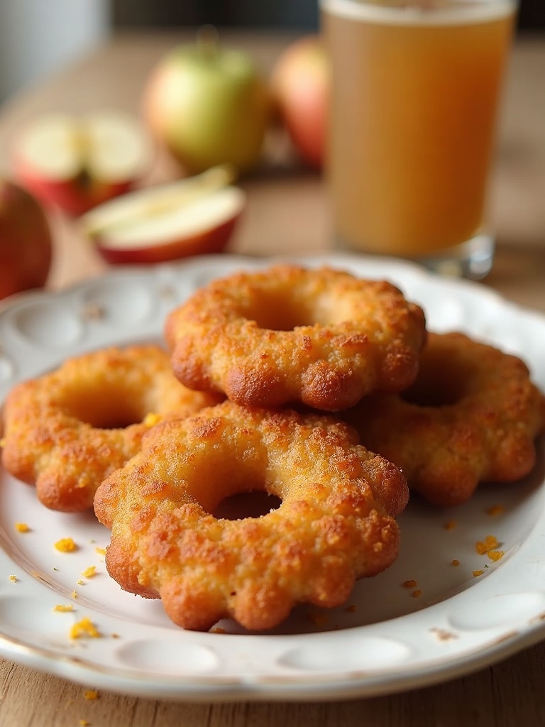 Golden-brown apple fritters glazed with a light sugary coating, piled on a white plate with visible chunks of apple and a crispy, textured surface.