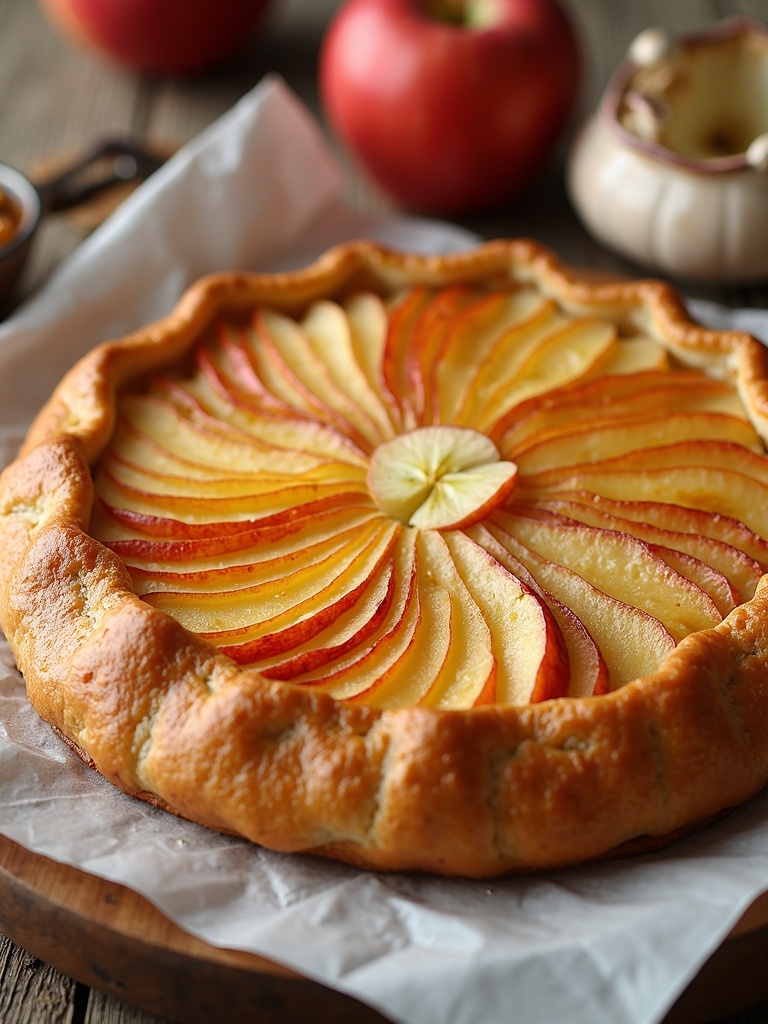 Rustic apple galette with golden, flaky crust folded over thinly sliced apples arranged in a spiral pattern, lightly dusted with sugar and baked to a caramelized finish, served on a wooden board with a sprig of rosemary for garnish.