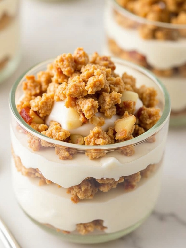 A close-up of apple granola parfaits in glass jars, layered with creamy yogurt, spiced apple chunks, crunchy granola, and topped with a drizzle of honey and a sprinkle of cinnamon on a rustic wooden table.