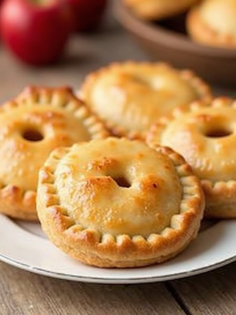 Golden-brown apple hand pies arranged on a cooling rack, with flaky, crimped edges and a glossy, sugared surface, some pies showing sliced vents revealing warm apple filling inside. A few whole apples and a cinnamon stick are placed nearby on a wooden table.