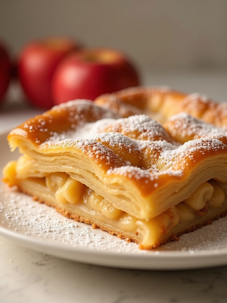Freshly baked apple strudel on a white plate, dusted with powdered sugar, with a golden, flaky crust and visible apple filling, set on a rustic wooden table with a fork beside it.