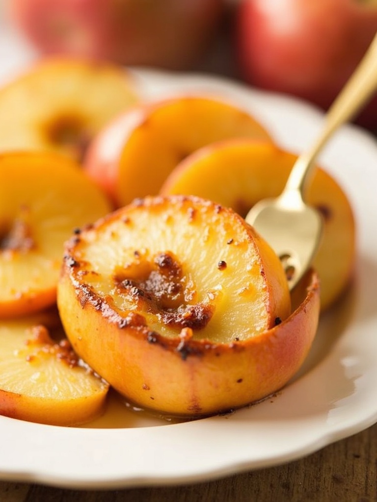 Warm baked cinnamon apples served in a rustic bowl, topped with a sprinkle of cinnamon and brown sugar, with steam rising and apple slices glistening in a caramel-like glaze