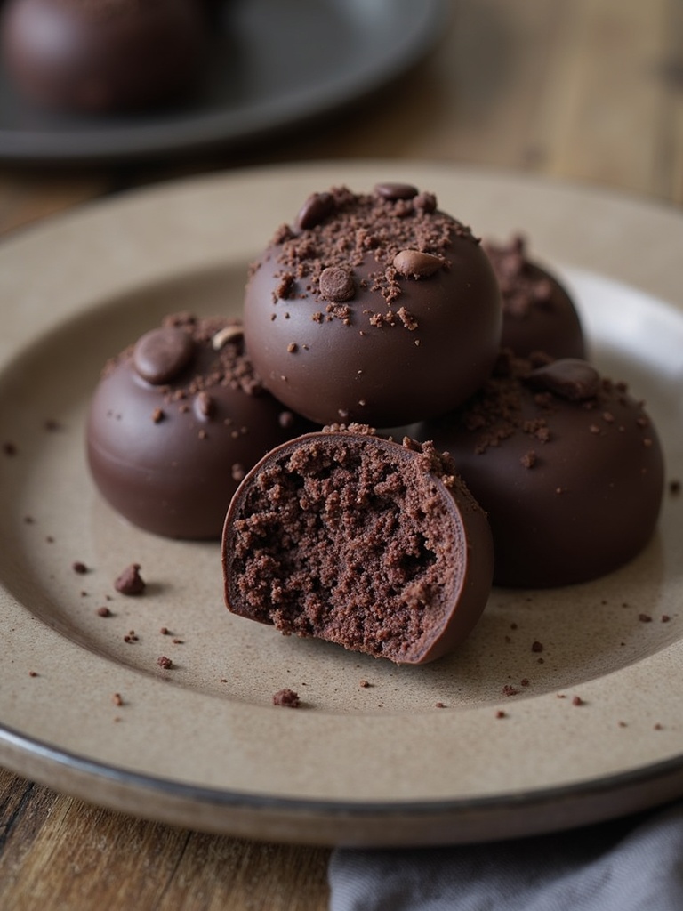 A close-up of festive Bat Oreo Truffles arranged on a white plate, each truffle decorated with candy eyes and halved Oreo cookies as wings, resembling small bats, with a Halloween theme in the background.
