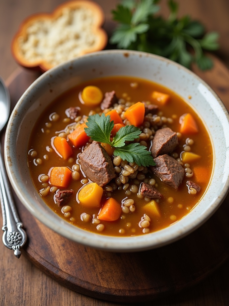 A warm bowl of beef and barley soup filled with chunks of tender beef, hearty barley, diced carrots, celery, and onions in a savory broth, garnished with fresh parsley; can be swapped with mushrooms or lentils for a vegetarian version.