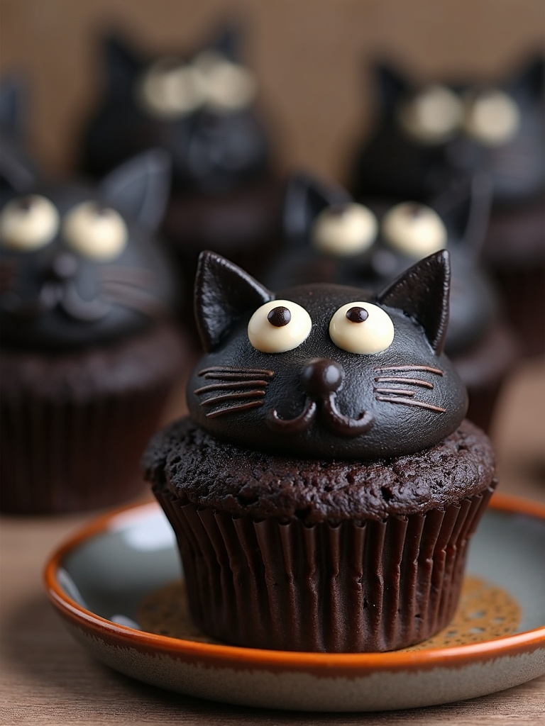 Four chocolate cupcakes decorated as black cats with yellow eyes, pointy ears made of chocolate, and black frosting, arranged on a wooden surface with Halloween-themed decorations in the background.