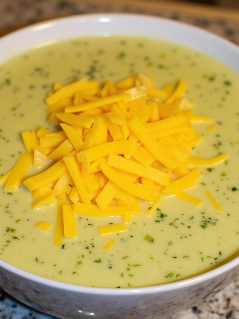A hearty bowl of creamy broccoli cheddar soup garnished with shredded cheese, served in a rustic ceramic bowl on a wooden table, with a spoon and slices of crusty bread nearby.