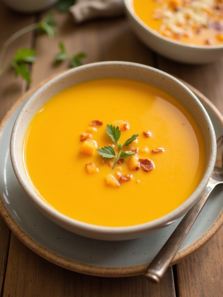 A bowl of creamy butternut squash soup garnished with a swirl of cream and fresh herbs, served on a wooden table with slices of crusty bread on the side.