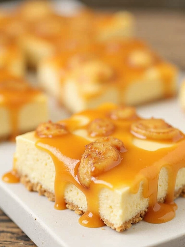 Close-up of caramel apple cheesecake bars stacked on a white plate, showing layers of buttery crust, creamy cheesecake, spiced apple filling, and drizzled caramel sauce with a crumble topping in a warm kitchen setting.