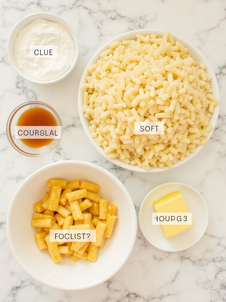 Top-down view of ingredients neatly arranged on a tabletop for Caramel Apple Cheesecake Bars, including diced apples, cream cheese, eggs, sugar, brown sugar, flour, butter, oats, cinnamon, vanilla extract, and caramel sauce in small bowls and measuring cups.