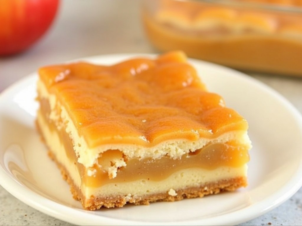 A square slice of caramel apple cheesecake bar on a white plate, showing creamy cheesecake layer over a graham cracker crust, topped with spiced apple chunks, brown sugar crumble, and drizzled with golden caramel sauce