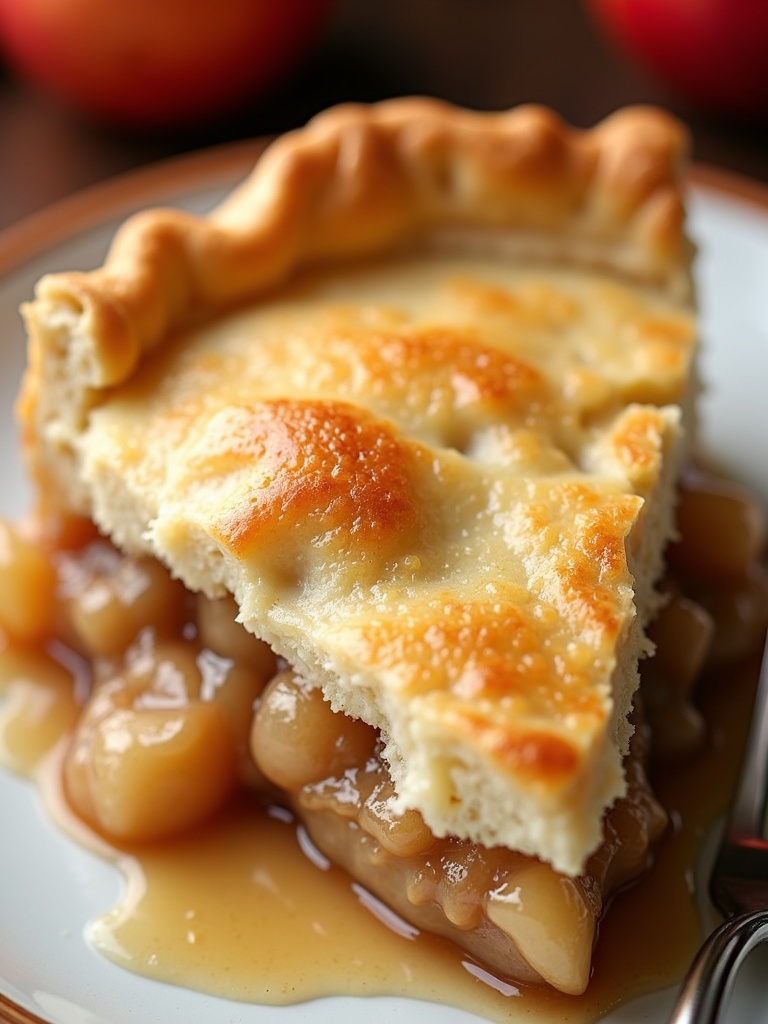 Freshly baked classic apple pie with a golden, flaky lattice crust, placed on a rustic wooden table, with a slice cut out to reveal the warm, cinnamon-spiced apple filling inside.