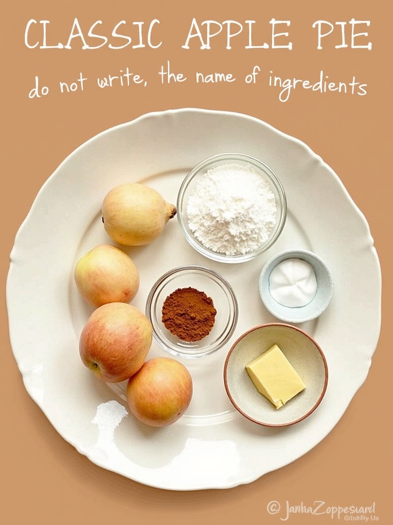 Ingredients for a classic apple pie displayed on a kitchen counter, including fresh green apples, a bowl of granulated sugar, a small dish of cinnamon, a stick of butter, a bowl of flour, a rolling pin, and an unbaked pie crust in a pie dish.