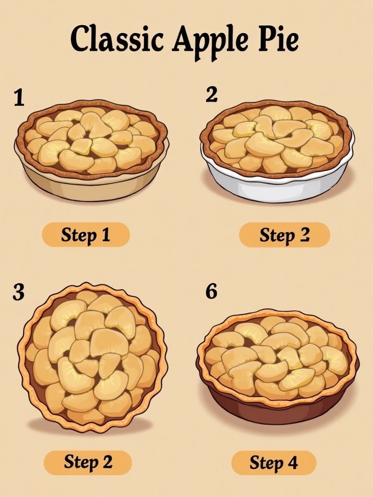 Step-by-step instructions for making Classic Apple Pie: 1. Gather ingredients including apples, sugar, cinnamon, nutmeg, pie crusts, and butter. 2. Peel, core, and slice apples. 3. Mix apple slices with sugar and spices. 4. Place bottom pie crust in dish and add apple mixture. 5. Dot apples with butter and cover with top crust. 6. Seal edges and cut slits on top. 7. Bake until crust is golden and filling bubbles. 8. Cool before serving. Image includes photos or illustrations of each step.