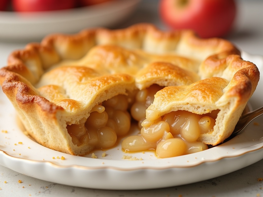 Golden-brown classic apple pie with a flaky, crimped crust, perfectly baked and slightly glossy on top, sitting on a wooden table beside a pie server, with apple slices and cinnamon sticks in the background.