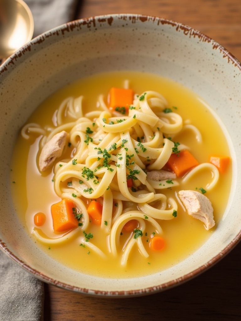 A steaming bowl of classic chicken noodle soup filled with tender chicken pieces, egg noodles, sliced carrots, and celery in a clear golden broth, garnished with fresh parsley and served in a white ceramic bowl on a wooden table.