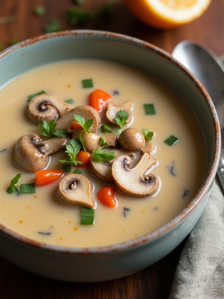 A bowl of creamy mushroom soup garnished with fresh herbs, surrounded by sliced mushrooms and a spoon on a rustic wooden table.