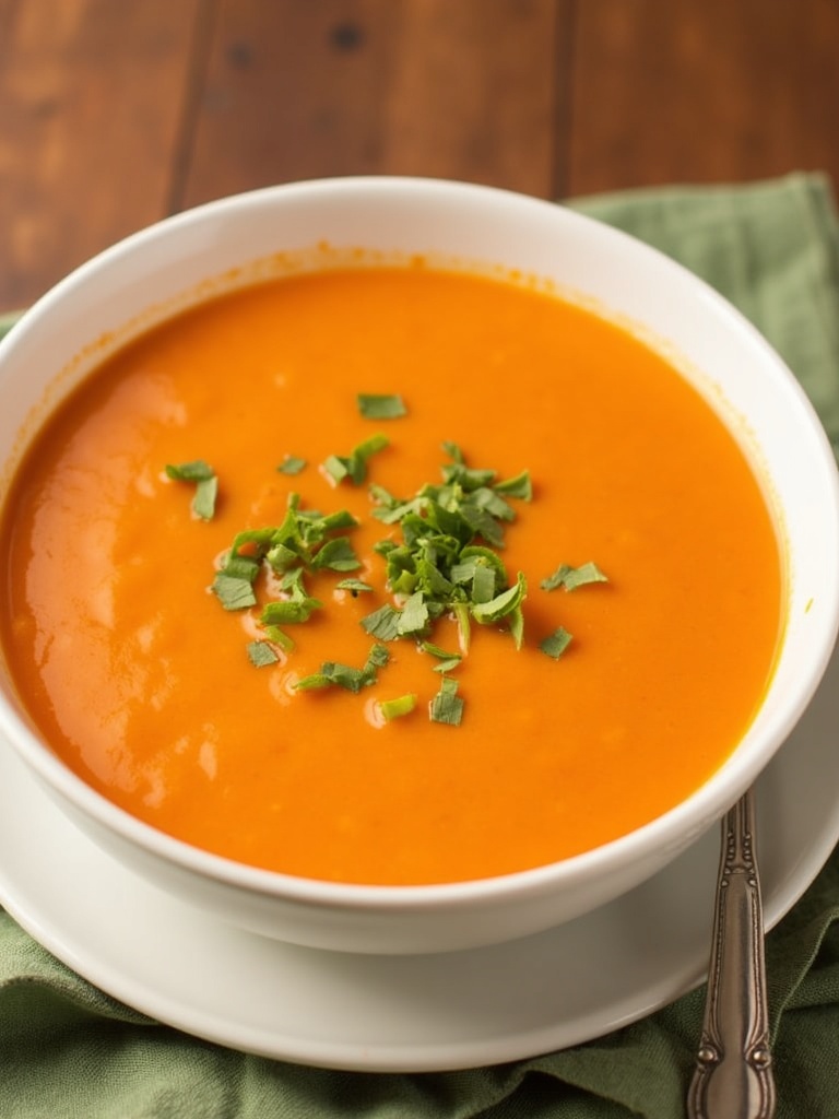 A bowl of creamy tomato basil soup garnished with fresh basil leaves, served alongside slices of crusty bread on a rustic wooden table.