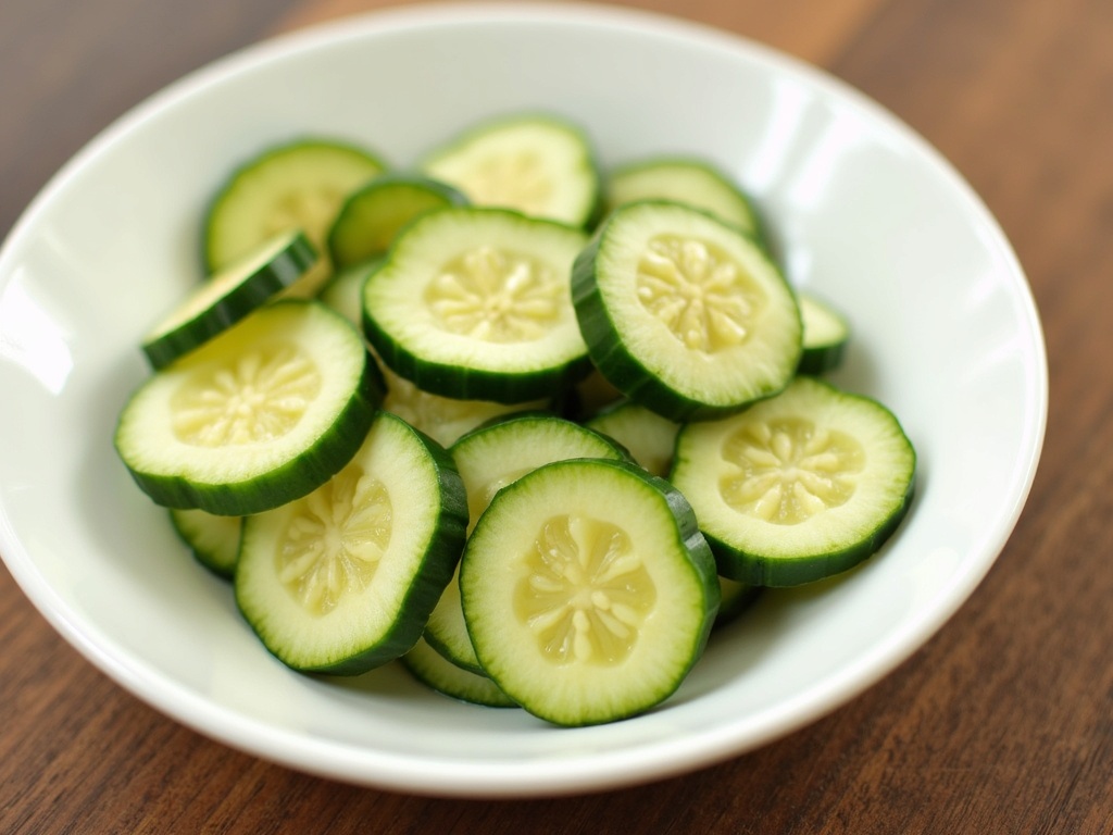 A bowl of fresh cucumber salad with thinly sliced cucumbers, red onions, and dill, lightly dressed in vinegar and oil, served on a wooden table with a fork on the side.
