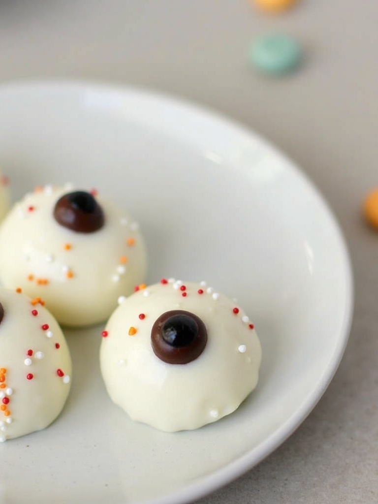 A close-up of Halloween-themed eyeball cake pops, each round treat decorated with a white coating, colorful irises in blue and green, and red icing veins to resemble bloodshot eyes, displayed upright on sticks.