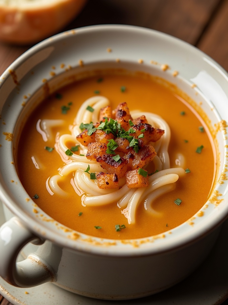 A bowl of French onion soup topped with bubbling, golden-brown melted cheese and a toasted baguette slice, served in a rustic ceramic dish with a spoon on the side.
