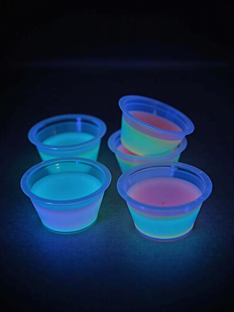 A close-up of vibrant glow-in-the-dark jello cups in clear plastic containers, illuminated under blacklight to reveal bright neon colors like green, blue, and red; each jello cup has a glowing, gelatinous texture and is arranged neatly on a dark surface for a party or festive display.