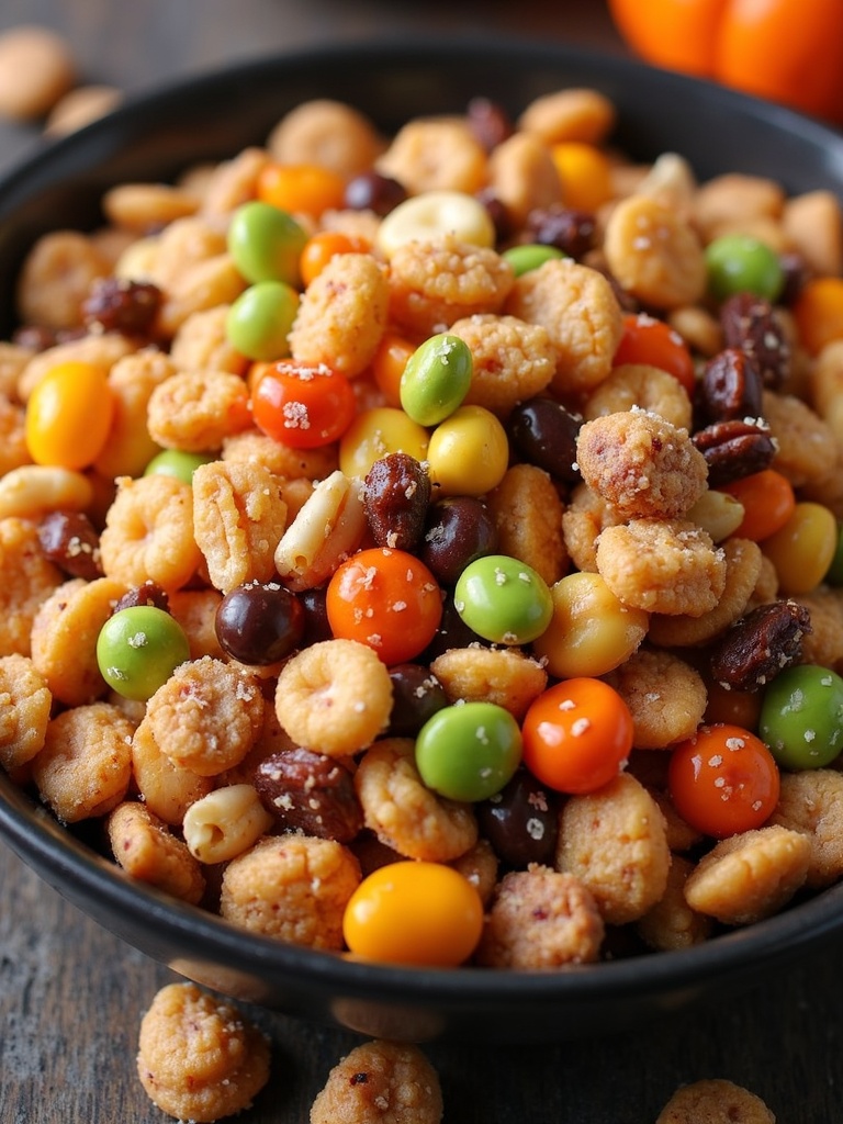 A festive bowl of Halloween trail mix featuring a colorful mix of candy corn, pretzels, popcorn, peanuts, chocolate chips, and festive Halloween-themed candies, displayed on a rustic wooden table with mini pumpkins and spooky decorations in the background.