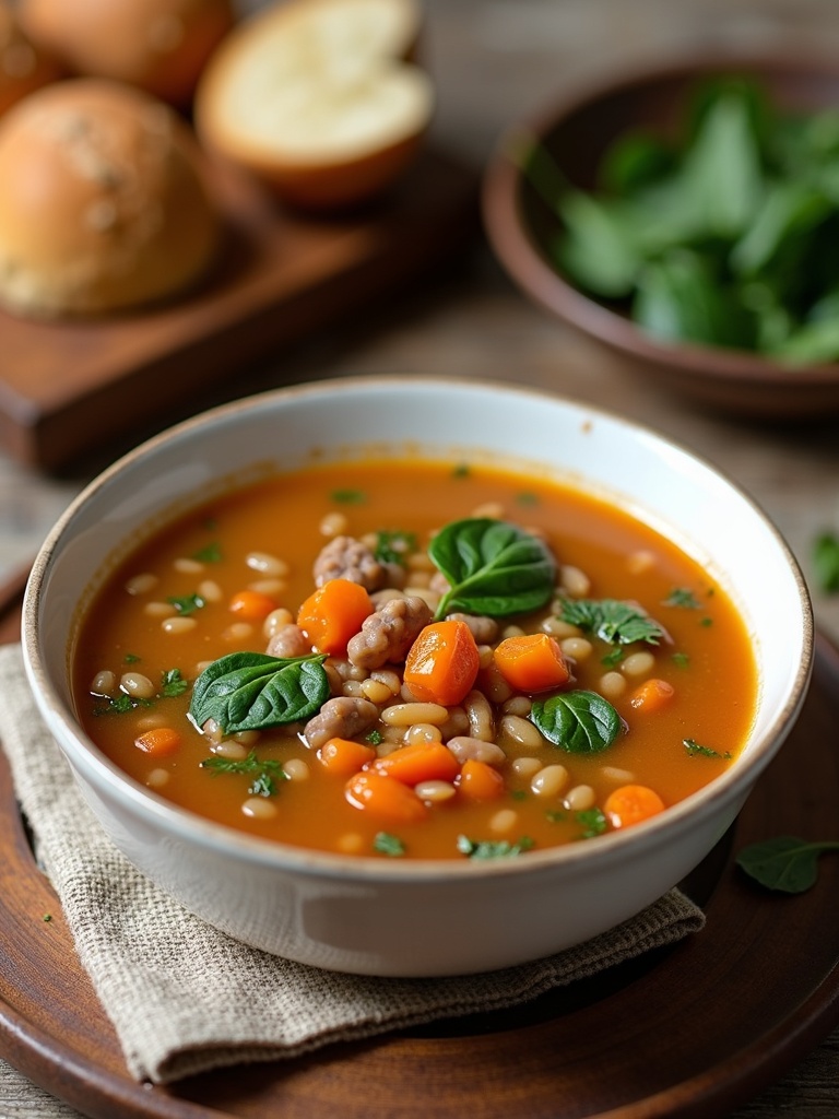 A bowl of lentil soup with spinach, featuring tender brown lentils, wilted green spinach leaves, diced carrots, and celery in a warm, golden broth, served in a white ceramic bowl on a wooden table with a spoon beside it.