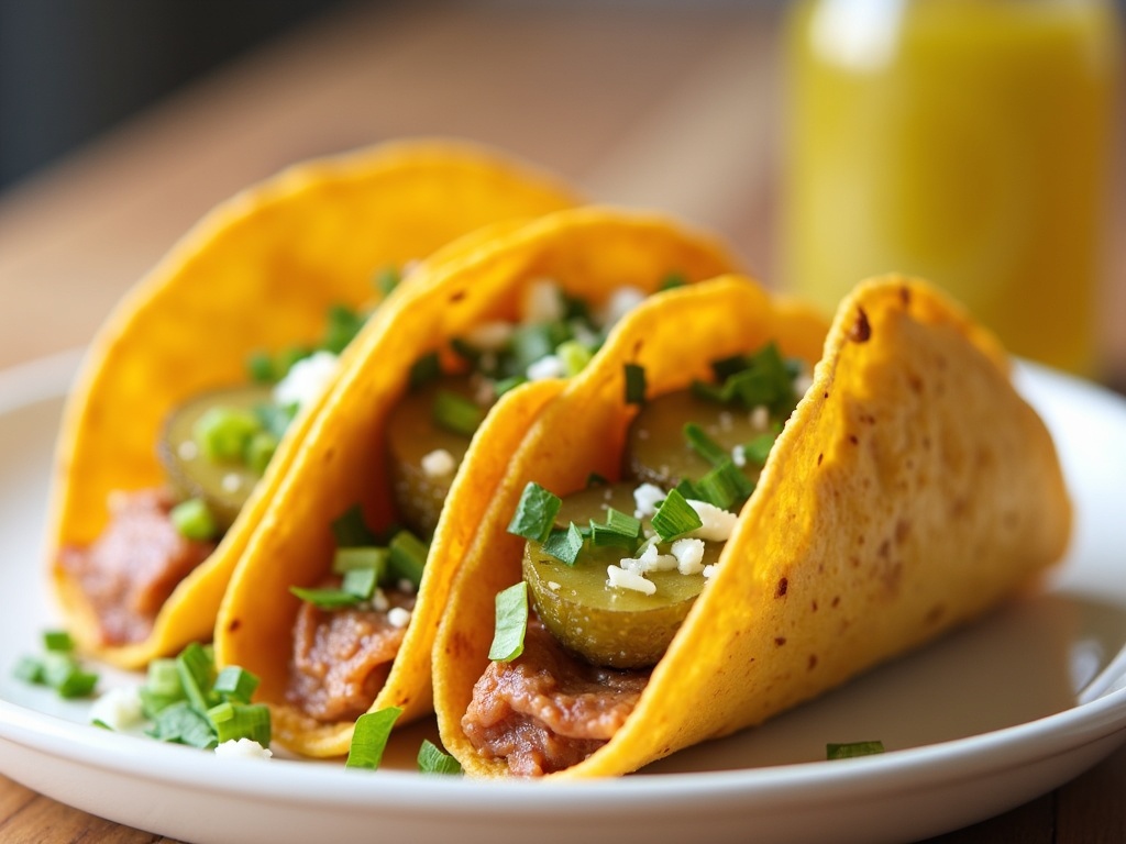 A close-up of pickle tacos featuring large dill pickle halves used as taco shells, filled with ground beef, shredded cheese, lettuce, diced tomatoes, and a drizzle of sour cream, arranged on a wooden serving board.