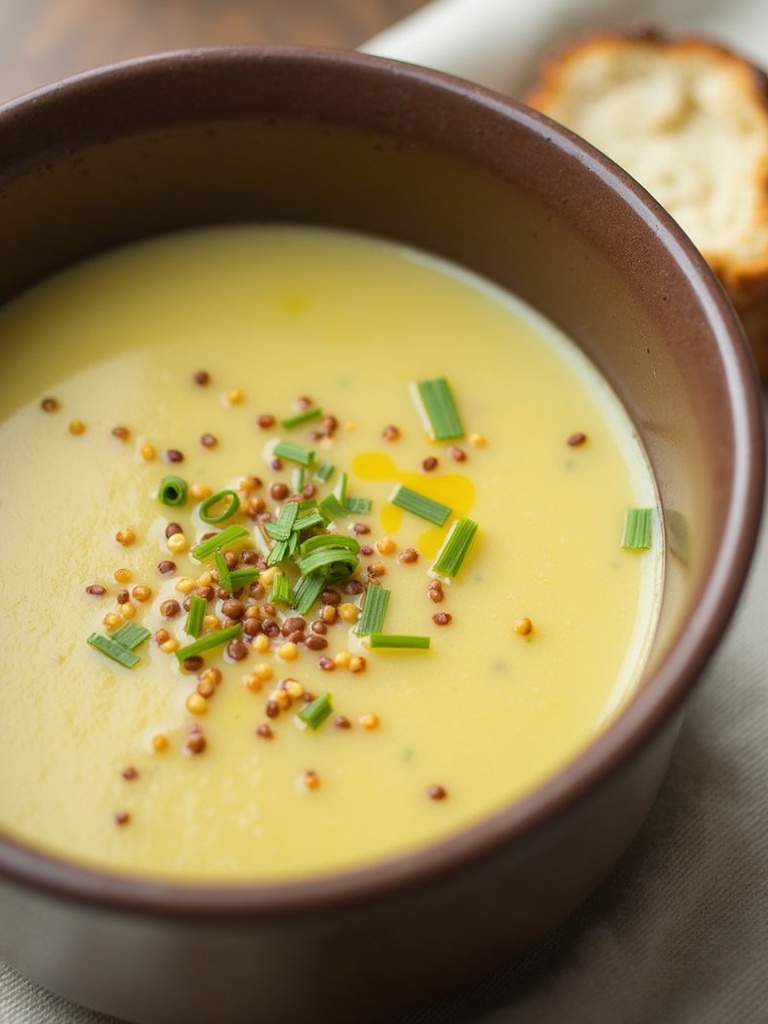 A bowl of creamy potato leek soup garnished with freshly cracked black pepper and chopped chives, served with a slice of crusty bread on the side and a spoon resting nearby on a rustic wooden table.