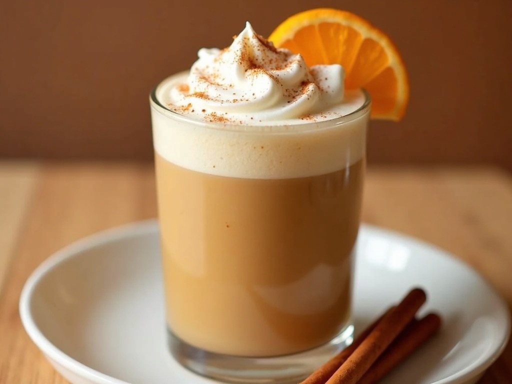 A steaming mug of pumpkin spice latte topped with whipped cream and a sprinkle of cinnamon, surrounded by autumn leaves, cinnamon sticks, and a small pumpkin on a rustic wooden table.