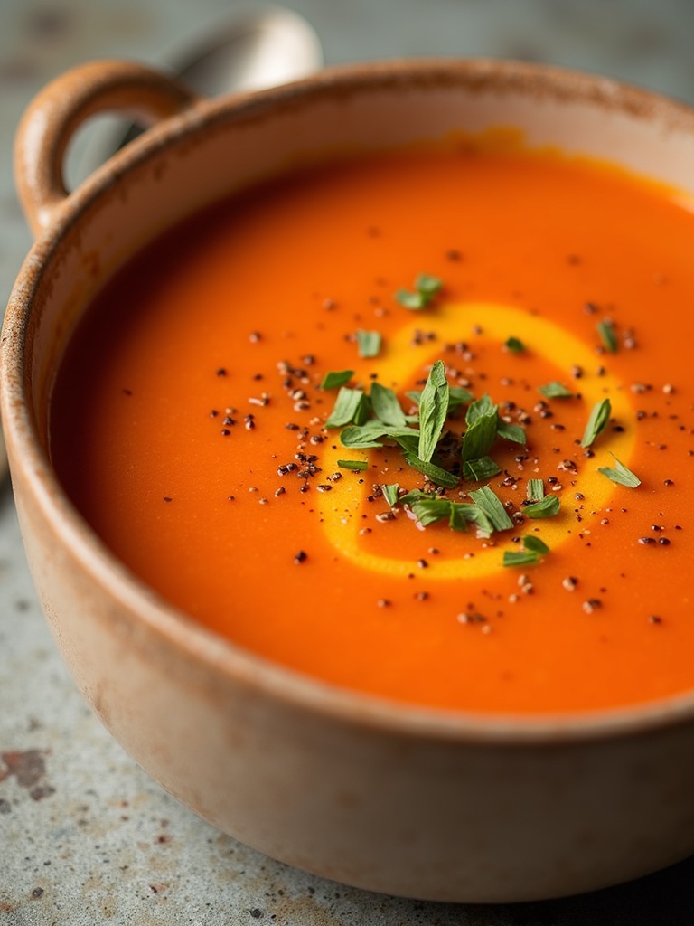A bowl of creamy roasted red pepper soup garnished with a swirl of cream and fresh herbs, served on a rustic wooden table with slices of crusty bread on the side.