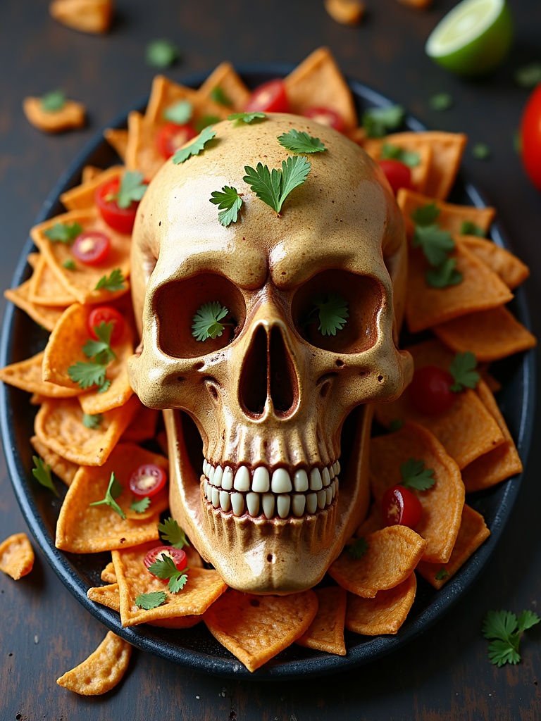 A spooky skull nachos platter featuring a large, white skull centerpiece surrounded by a colorful array of nachos topped with melted cheese, jalapeños, diced tomatoes, black olives, and sour cream, served on a dark tray with Halloween-themed decorations in the background.