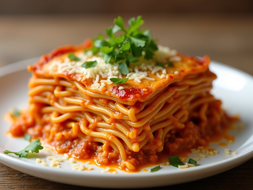 A close-up of a slice of spicy ramen lasagna, featuring layers of wavy ramen noodles, melted cheese, spicy ground meat, and rich tomato sauce, garnished with chopped green onions and red pepper flakes on top.