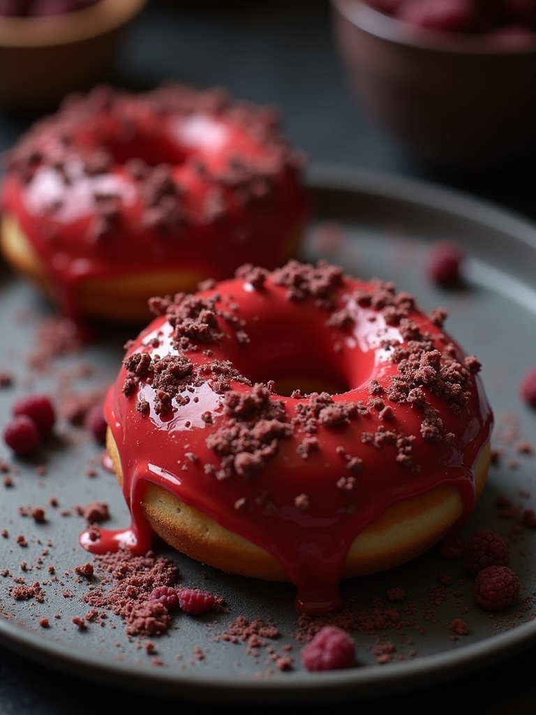 A close-up of three vampire-themed donuts on a white plate, each decorated with red icing to resemble dripping blood, candy fangs, and googly candy eyes, set on a Halloween-themed table with orange and black decorations in the background.