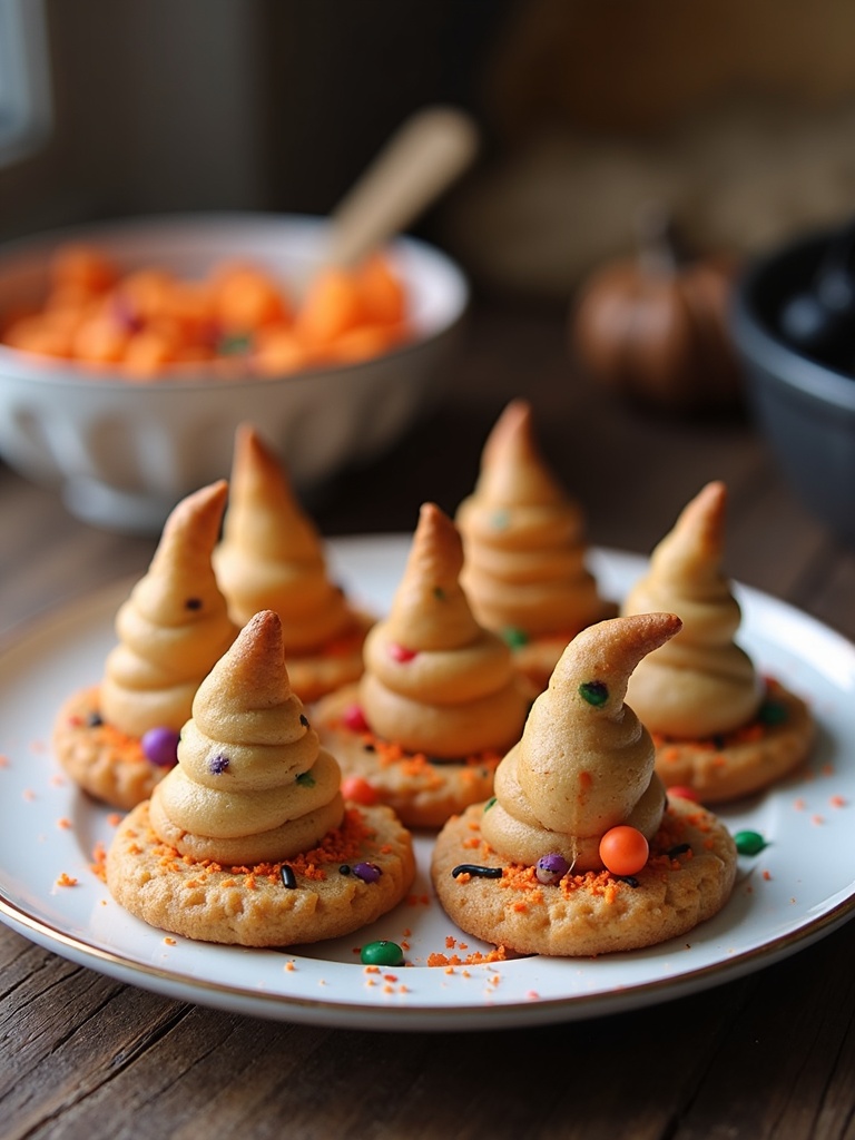 A close-up of festive witch hat cookies made from chocolate cookies topped with a chocolate kiss and ringed with orange frosting, arranged neatly on a wooden tray with Halloween decorations in the background.