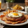 A hearty all-day breakfast plate featuring crispy bacon, scrambled eggs, golden hash browns, buttered toast, and grilled tomatoes, served with a cup of steaming coffee on a rustic wooden table.