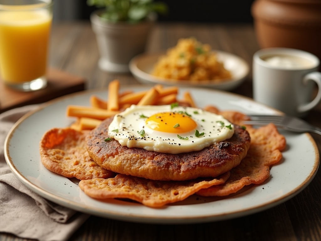 A hearty all-day breakfast plate featuring crispy bacon, scrambled eggs, golden hash browns, buttered toast, and grilled tomatoes, served with a cup of steaming coffee on a rustic wooden table.