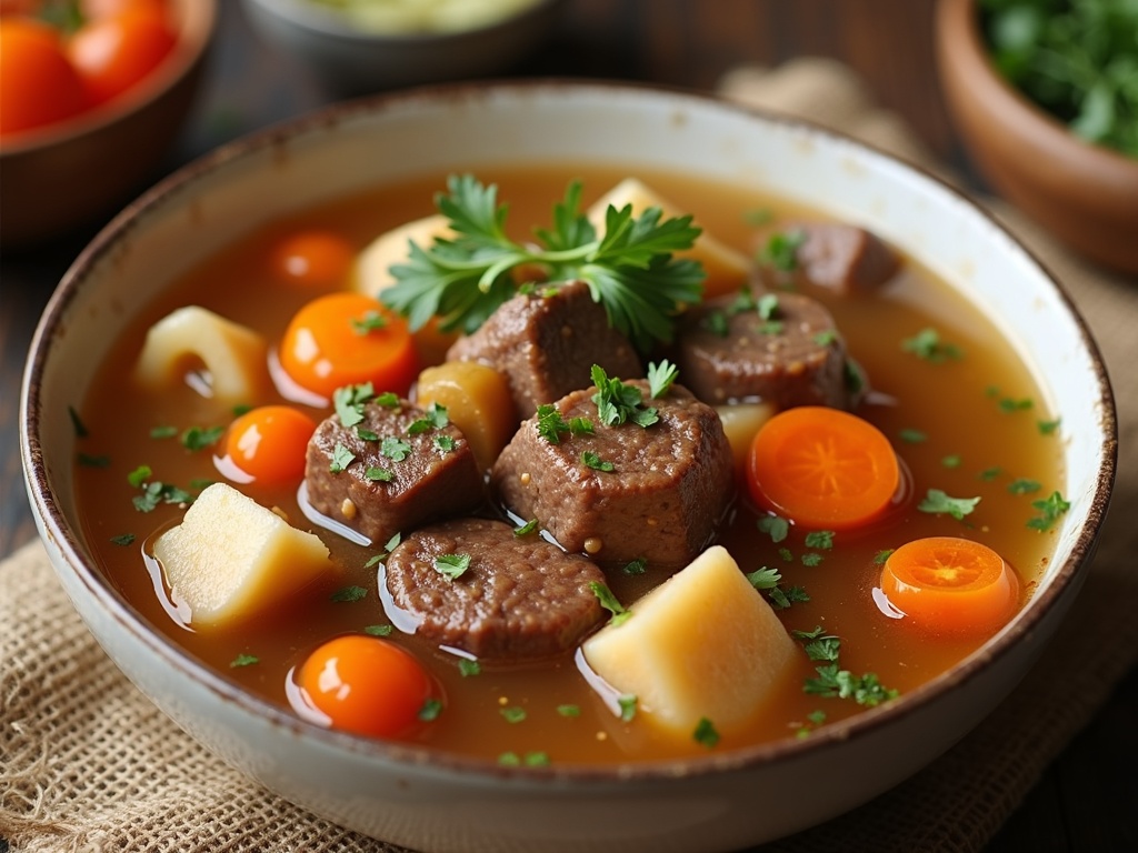 A steaming bowl of beef broth soup filled with tender chunks of beef, diced carrots, celery, and onions, garnished with fresh parsley and served in a white ceramic bowl on a rustic wooden table.