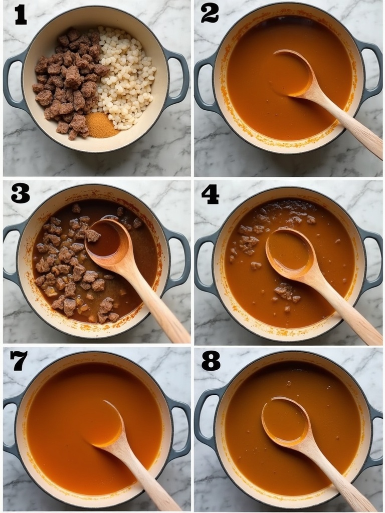 Step-by-step instructions for making beef broth soup displayed with images: Step 1 shows raw beef bones on a cutting board; Step 2 displays bones roasting in an oven pan; Step 3 shows bones and vegetables like carrots, onions, and celery being placed into a large pot; Step 4 illustrates adding water and herbs to the pot; Step 5 highlights the soup simmering on a stove; Step 6 shows straining the broth through a sieve into a bowl; Final step presents a bowl of clear beef broth soup garnished with herbs, ready to serve.