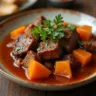 Hearty beef cheek stew served in a rustic bowl, featuring tender chunks of slow-cooked beef cheek surrounded by a rich brown gravy with visible pieces of carrots, onions, and herbs, garnished with fresh parsley on top and accompanied by crusty bread on the side.