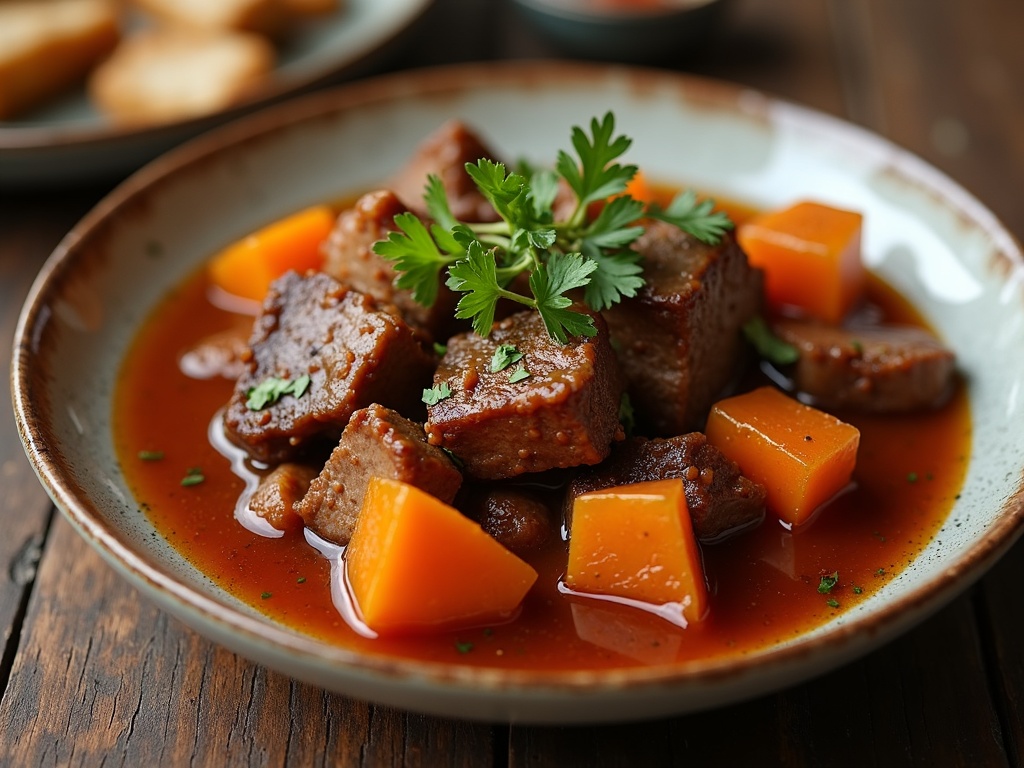 Hearty beef cheek stew served in a rustic bowl, featuring tender chunks of slow-cooked beef cheek surrounded by a rich brown gravy with visible pieces of carrots, onions, and herbs, garnished with fresh parsley on top and accompanied by crusty bread on the side.