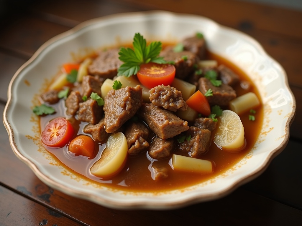 A bowl of beef sinigang filled with tender beef chunks, vibrant vegetables like okra, eggplant, string beans, and water spinach, all in a steaming, tangy tamarind-based broth, served on a rustic wooden table.