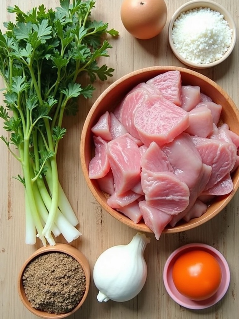 A bowl of beef sinigang surrounded by fresh ingredients including beef chunks, tomatoes, green beans, eggplant slices, water spinach (kangkong), radish slices, okra, and tamarind, all arranged on a wooden surface.