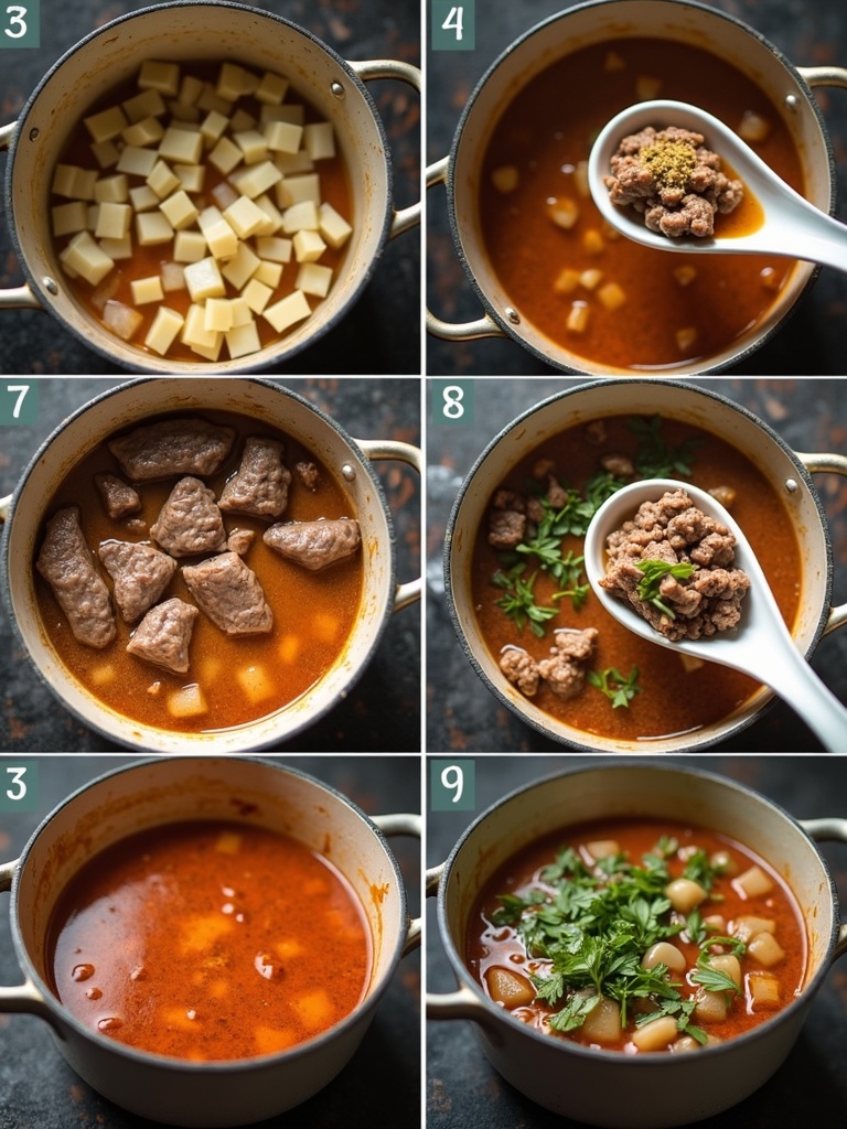 Step-by-step illustrated instruction for cooking beef sinigang, featuring ingredients like beef, tamarind mix, tomatoes, green beans, daikon radish, eggplant, and water spinach; includes images of chopping vegetables, boiling beef, adding tamarind soup mix, and simmering all ingredients in a pot, with arrows guiding each step in the cooking process.