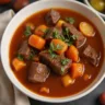 A hearty bowl of beef stew filled with chunks of tender beef, carrots, potatoes, and peas in a rich brown gravy, garnished with fresh parsley and served in a rustic ceramic bowl on a wooden table.