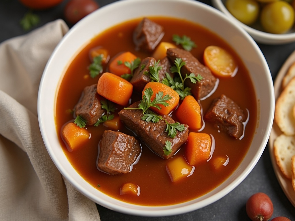 A hearty bowl of beef stew filled with chunks of tender beef, carrots, potatoes, and peas in a rich brown gravy, garnished with fresh parsley and served in a rustic ceramic bowl on a wooden table.