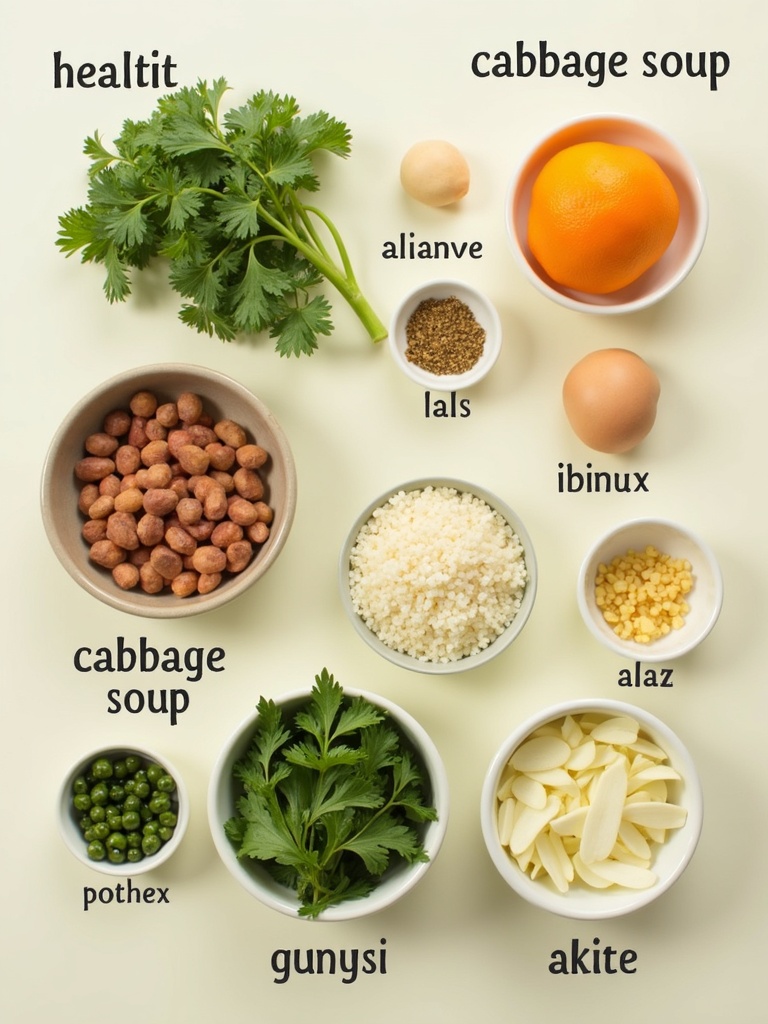 Top-down view of fresh ingredients for cabbage soup laid out on a wooden table, including chopped green cabbage, diced tomatoes, sliced carrots, chopped celery, onions, bell peppers, garlic cloves, fresh parsley, and a bowl of vegetable broth, all arranged neatly around a large cooking pot.