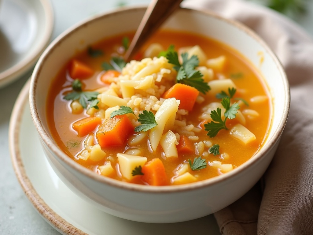 A bowl of freshly prepared cabbage soup for weight loss, filled with chopped cabbage, carrots, celery, tomatoes, and herbs, served hot in a white bowl on a wooden table with a spoon beside it and fresh parsley garnish on top.